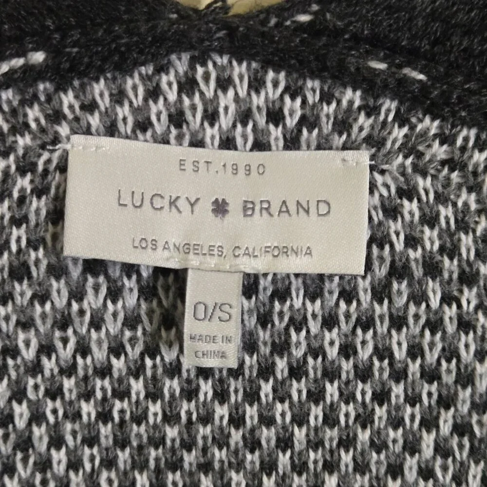 Lucky Brand Intarsia Poncho Neutral Black Gray Cotton Blend One Size
